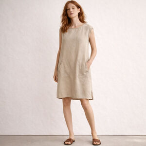 Dr. FLAX Linen Shift Dress Kangaroo Pockets Tan L/XL